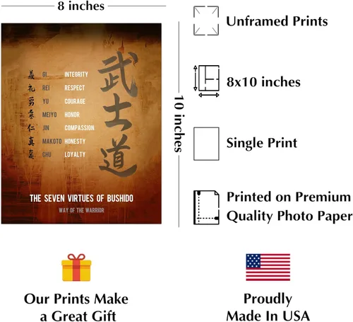 Vista 2 de Seven Virtues Of Bushido - Arte de pared con citas inspiradoras, decoraciones de pared motivacionales, impresión de pergamino envejecido perfecta