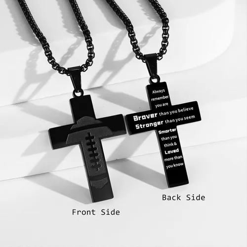 Vista 2 de Collar de cruz de fútbol para niños, colgante de cruz de versículo bíblico inspirador, cadena de acero inoxidable de 22 + 2 pulgadas, joyería