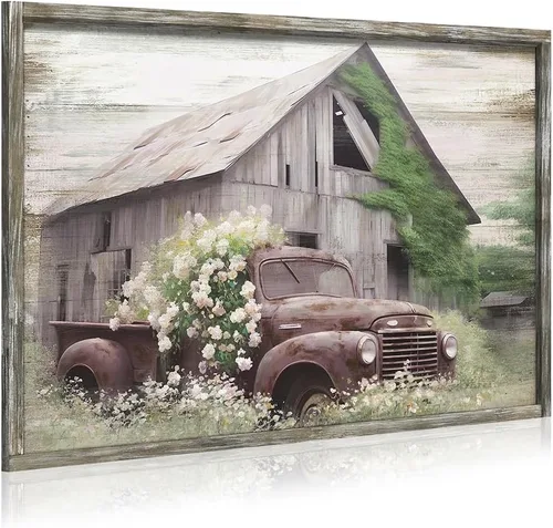 Vista 10 de Arte de pared de madera enmarcada de granja: arte de camión viejo rústico pintura de madera de granero para dormitorio