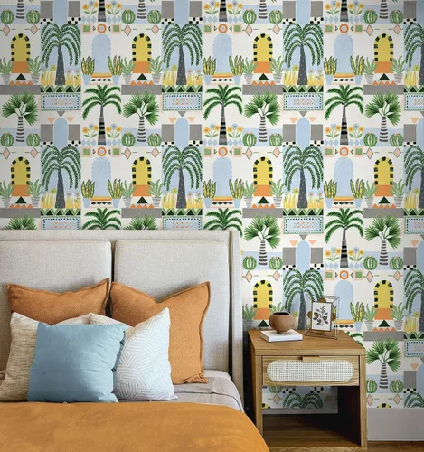 Vista 3 de NextWall Papel tapiz de fachada tropical para despegar y pegar (azul cielo y blanco roto)