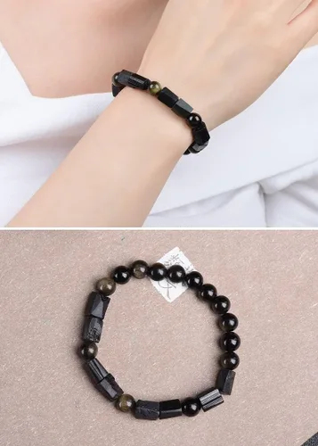 Vista 4 de LOTONTJ Pulsera de turmalina negra natural Feng Shui Wealth Bracelet Golden Sheen Obsidiana Multi-Gem Crystal Pulsera de cuarzo espiritual 0.315in