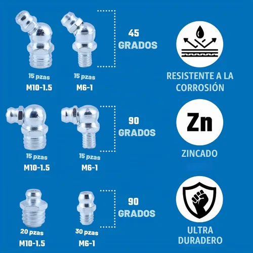 Vista 3 de NEIKO 50466A Juego de accesorios de grasa, 110 piezas, métrico, kit de accesorios de grasa zerk rectos y angulados, acero A3 con revestimiento