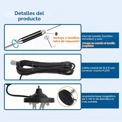 Vista 4 de Antena de radio móvil CB de 27 MHz, kit completo de montaje magnético para vehículo resistente, antena CB PL259 y conector macho BNC, ajuste