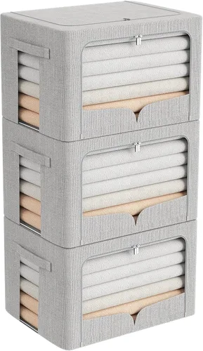 Vista 20 de FHSQX Paquete de 3 contenedores de almacenamiento de ropa plegables con marco de metal, caja de almacenamiento apilable, organizador de tela de lino