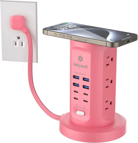 Vista 13 de Torre de Regleta de Alimentación, kakyanill Torre Protectora contra Sobretensiones 9 Tomas de CA 8 USB (4 USB C), Cable de Extensión Retráctil de 6