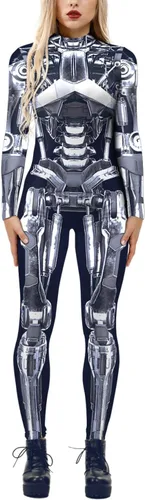 Vista 11 de Disfraz de esqueleto de calavera para mujer, overol de una pieza para Halloween 3D printed skull skeleton robot costume, Back zipper closure