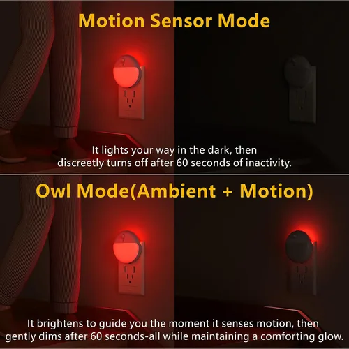 Vista 4 de YUNLEX Paquete de 2 luces nocturnas rojas enchufables con sensor de movimiento y sensor de atardecer a amanecer, 3 modos, brillo suave, 0% luz azul