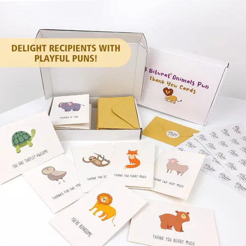 Vista 7 de Juego de 48 Tarjetas de Agradecimiento, Paquete de Tarjetas de Notas de Agradecimiento con Juegos de Palabras de Animales, Tarjetas de Animales