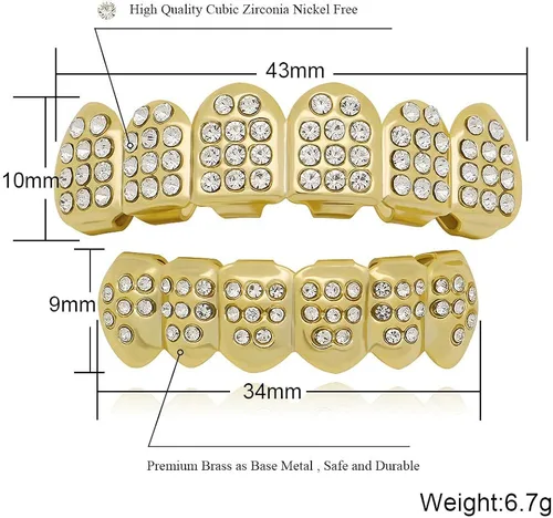 Vista 3 de LuReen 14k Gold 6 Teeth Grillz Hip Hop Joker Diamond Top Bottom Teeth Caps Grillz Set