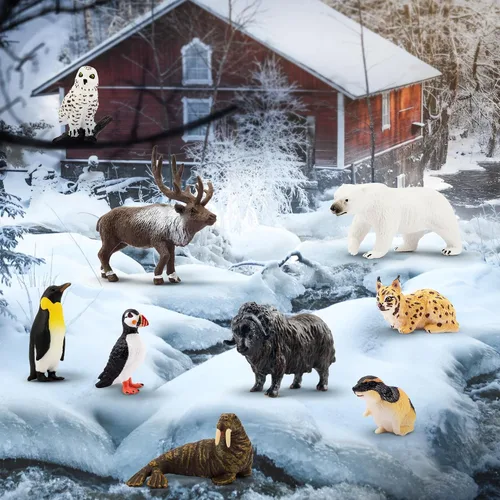 Vista 6 de Toymany Juego de 14 mini figuras de animales árticos, juguetes de animales polares con oso polar, caribú, pingüino, morsa, lobo, figuras