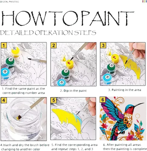 Vista 4 de Kit de Pintura por Números para Adultos - Pack de 2 Kits de Pintura por Números de Colibrí - Pintura Fácil en Acrílico por Números con Marco - Artes