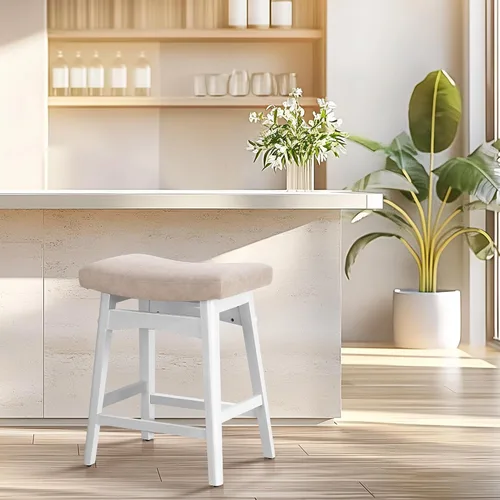 Vista 33 de ALPHA HOME Taburete de bar, taburete de cocina de silla de montar de madera maciza con cojín de tela de lino beige, taburete de bar de altura