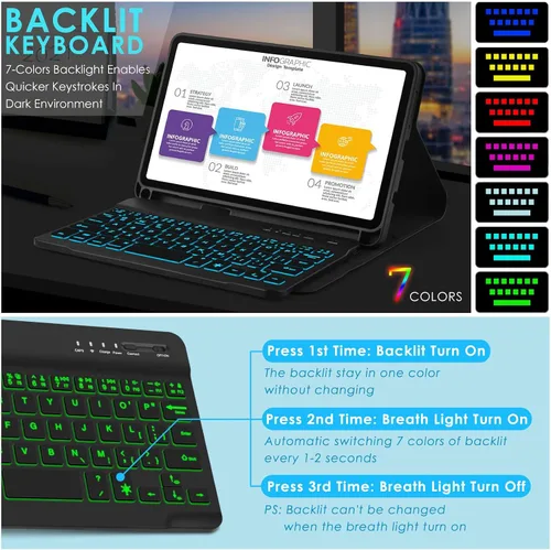 Vista 5 de DETUOSI Funda con teclado retroiluminado para Samsung Galaxy Tab A9 8.7 pulgadas SM-X110 WiFi 2023 Android Tablet con S Pen Holder TPU suave a