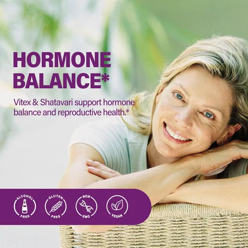 Vista 2 de Vitex (Chaste Berry) Gotas para mujer, suplemento natural de apoyo menstrual y menopausia con casteberry, cohosh negro, trébol rojo, shatavari, ñame