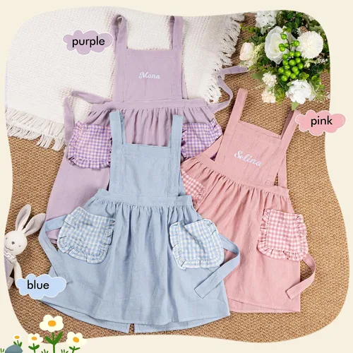 Vista 5 de MT WORLD Girls Apron Personalized Linen Kids Aprons for Cooking Toddler Girls Cross Back Apron Pinafore for Baking Crafting