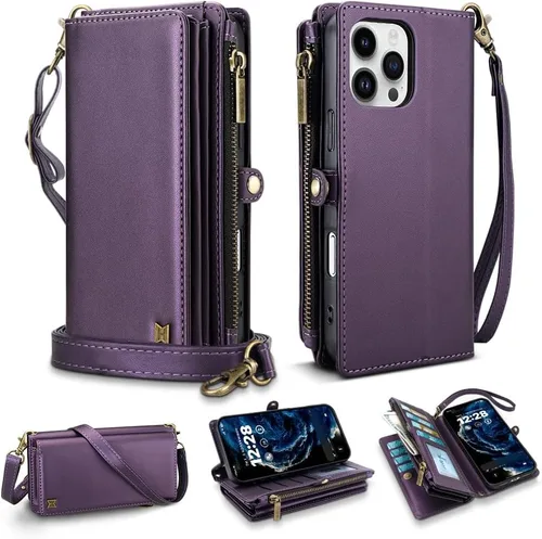 Vista 67 de Funda tipo cartera para iPhone 16 Pro Max con 8 tarjeteros, bloqueo RFID, piel sintética, función atril, abatible, correa de muñeca y correa