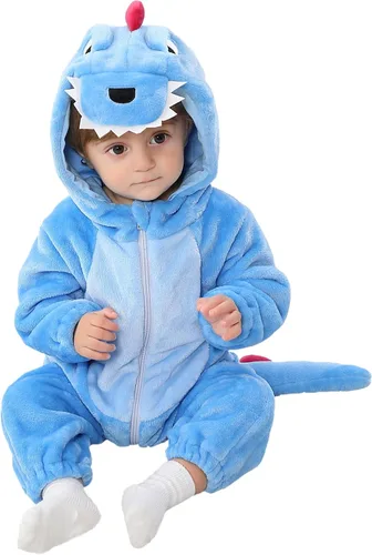 Vista 12 de LOLANTA Disfraz de dinosaurio para niños pequeños, unisex, de franela con capucha, mameluco de disfraz