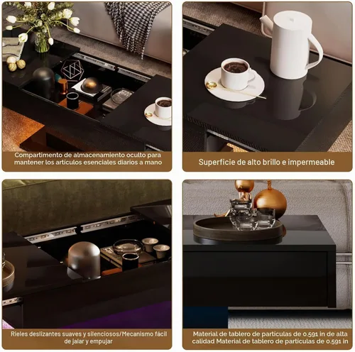 Vista 6 de HedoAjim - Mesa de café LED negra con almacenamiento para sala de estar, mesa de centro rectangular para sala de estar, mesas de café modernas