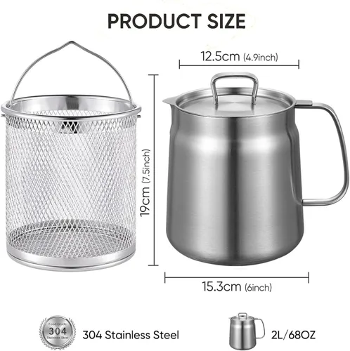 Vista 5 de Olla de filtro de aceite de acero inoxidable de 68 onzas con colador extraíble, protector de grasa de tocino, recipiente grande de aceite de cocina
