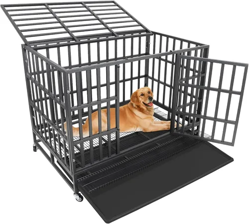 Vista 10 de Jaula para perros grandes, resistente e indestructible y a prueba de escapes, de 38 pulgadas, con bandejas de alambre y ruedas extraíbles, extra
