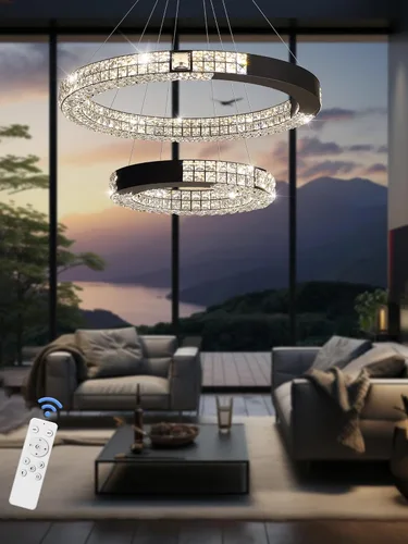 Vista 5 de Candelabro LED de anillo dorado para sala de estar, comedor y dormitorio, lámparas de cristal modernas, iluminación colgante, lámparas ajustables