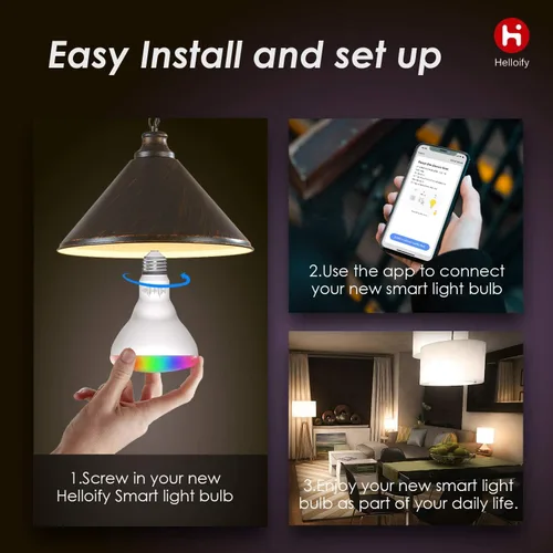 Vista 6 de helloify BR30 - Bombillas LED WiFi inteligentes, cambio multicolor RGBCW, blanco cálido a frío, regulable, compatible con Alexa y Google Home