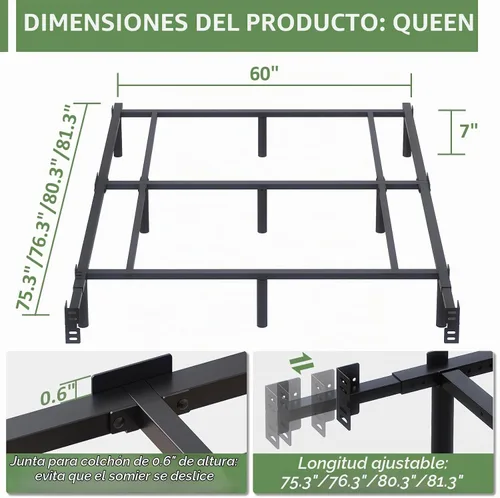 Vista 2 de Marco de cama de metal Queen de 7 pulgadas, base de cama de plataforma baja y resistente, tamaño Queen para somier y colchón, fácil montaje, sin