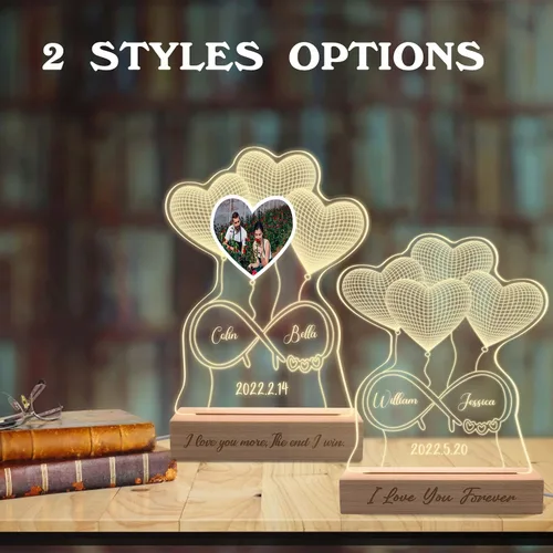 Vista 3 de Luz nocturna personalizada con ilusión 3D con base de madera, lámpara de corazón personalizada con texto de imagen, luz nocturna LED acrílica