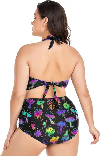 Vista 2 de Bikini de 2 piezas para mujer, talla grande, cintura alta, cuello halter, fruncido, control de abdomen