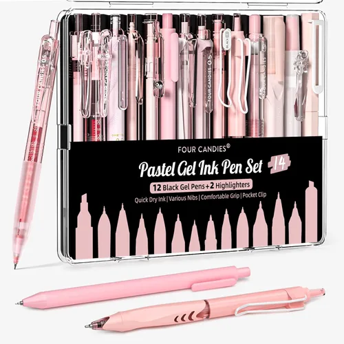 Vista 11 de FOUR CANDIES - Paquete de 14 bolígrafos pasteles bonitos, estéticos y retráctiles con tinta de gel negra, punta fina de 0.5 mm, incluye 2 Azul