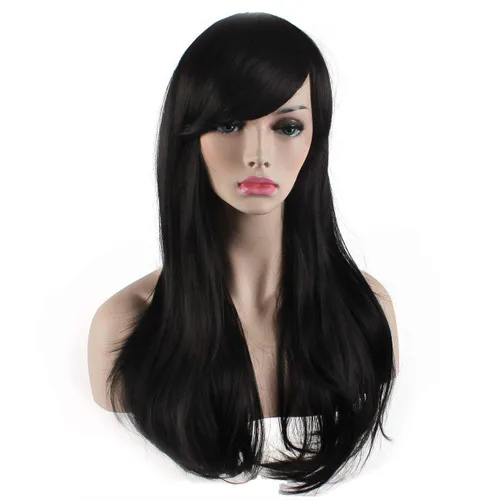 Vista 3 de Peluca de cosplay para mujeres con gorra, peluca de 28in largo y ondulado resistente al calor de AKStor, Negro