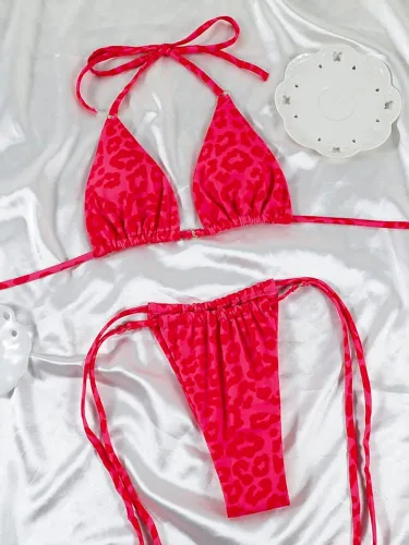 Vista 5 de Women Halter String Bikini Set Sexy Thong Cheeky Two Piece Swimsuits Solid Color Bathing Swimwear