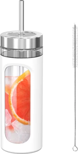 Vista 40 de Kodrine Vaso para agua de vidrio de 20 onzas con popote y tapa, botella de agua con tapas de bambú, taza para café helado, reutilizable, boca ancha