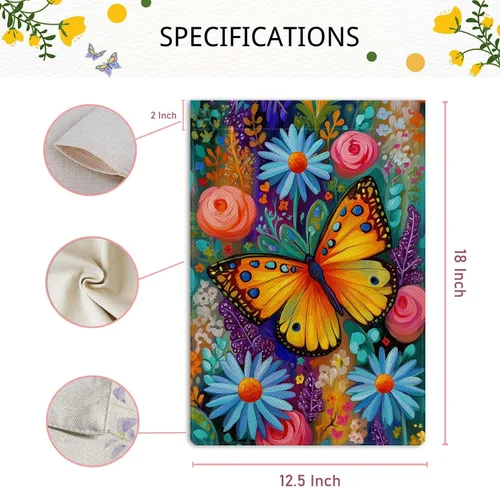 Vista 6 de Bandera de jardín de mariposa para primavera y verano, floral, bandera de jardín, vertical, de doble cara, rústica, arpillera, patio, césped