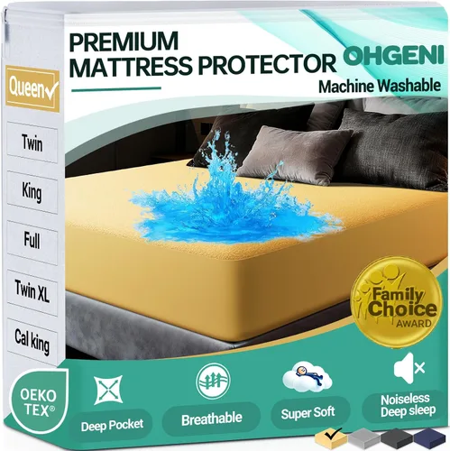 Vista 22 de OhGeni - Protector de colchón impermeable, tamaño Queen, con bolsillo profundo de 6 a 18 pulgadas, transpirable, sin ruido, suave, lavable, a prueba