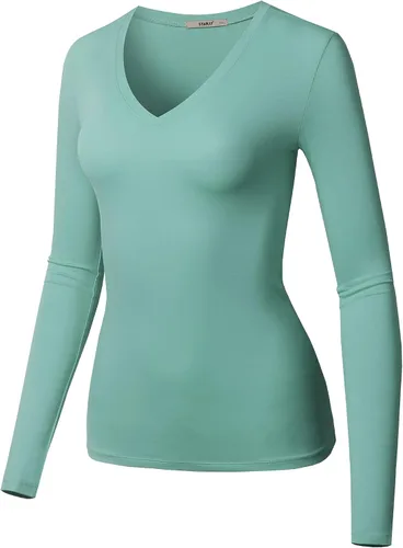 Vista 2 de STARJJ Camiseta básica de manga larga con cuello en V y cuello redondo para mujer (S-2XL)