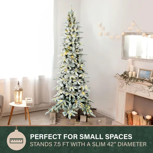 Vista 6 de Fraser Hill Farm - Árbol de Navidad delgado y nevado con base de metal, 7.5 pies de alto, artificial, Mountain Pine, luces LED, control remoto