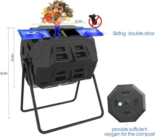 Vista 2 de SQUEEZE master Contenedor grande de compost, giratorio para jardín al aire libre con termómetro, medición automática de temperatura, marco de acero
