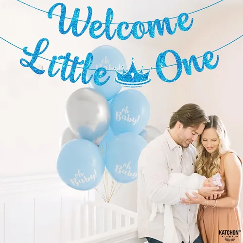 Vista 8 de KatchOn Cartel de bienvenida con purpurina Little One - Azul, 10 pies, sin bricolaje Cartel de bienvenida para decoración de baby shower para bebé
