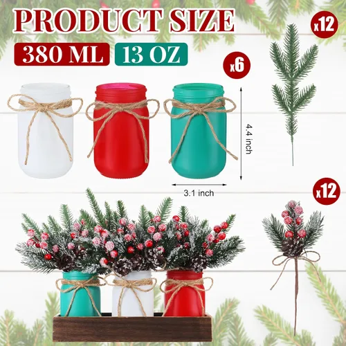 Vista 2 de Juego de 6 tarros Mason para centros de mesa de Navidad con ramas de pino, conos de pino, bayas, tarros decorativos de boca ancha para el hogar