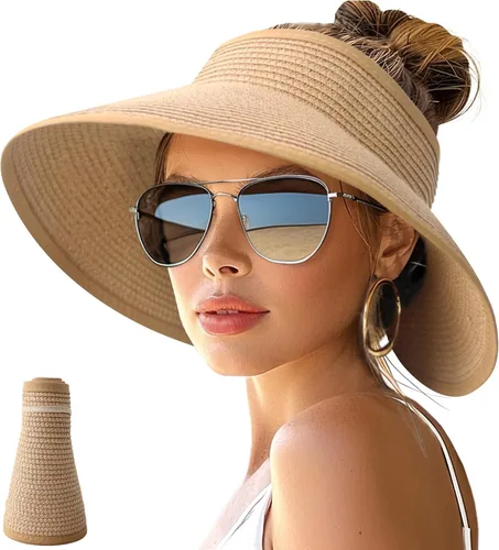 Vista 17 de NPJY Sun Hats for Women Wide Brim Roll-Up Ponytail Packable Straw Visor Blanco