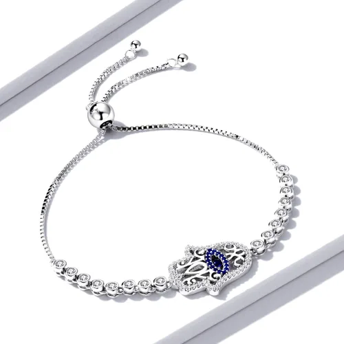 Vista 2 de BISAER Pulsera de plata de ley 925 con circonita cúbica Hamsa ajustable para mujer