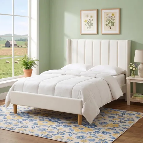 Vista 12 de Cama de plataforma tapizada de terciopelo Queen con cabecera con respaldo de alas, color crema Canal vertical acolchonado, listones de madera