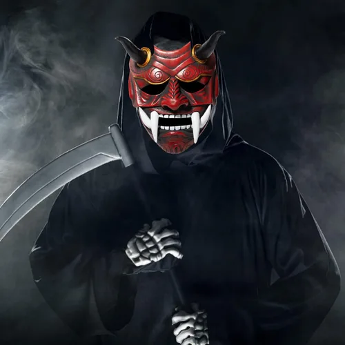 Vista 5 de Máscara de Halloween de miedo japonesa Hannya Oni, máscara de látex de cara completa Evil De-mon Mon-ster para hombres