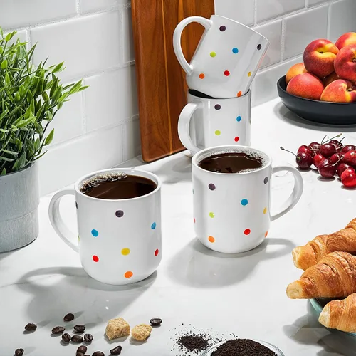 Vista 2 de Francois et Mimi, Juego de 6 tazas de café grandes de cerámica de 16 onzas (lunares blancos)