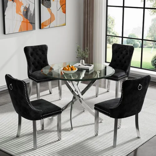 Vista 31 de Juego de mesa de comedor SSLine moderno de 3 piezas con mesa redonda de vidrio para 2, lujosa mesa de comedor circular de 36" con tapa de vidrio