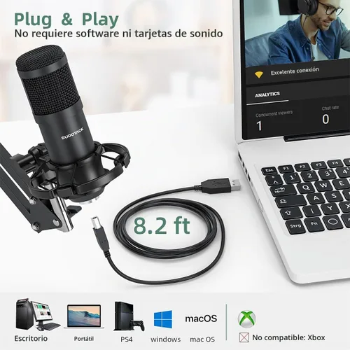 Vista 5 de Micrófono de condensador USB para podcast en PC: kit de micrófono de estudio con chipset de sonido profesional cardioide de 192KHz/24 bits