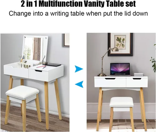 Vista 3 de CHARMAID Mesa de tocador con espejo abatible y taburete, mesa de maquillaje de madera escritorio con cajón, compartimento de almacenamiento, juego