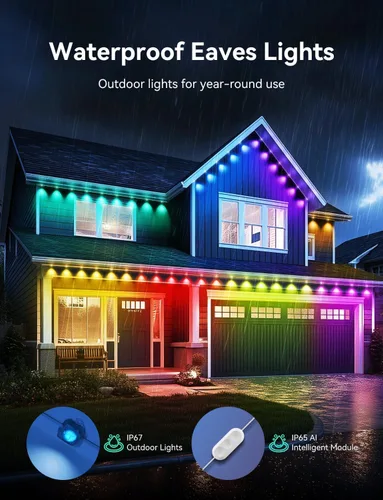 Vista 4 de Luces permanentes para exteriores, 200 pies inteligentes IC+RGB luces de Navidad para exteriores con 144 LED, IP67 impermeable LED aleros