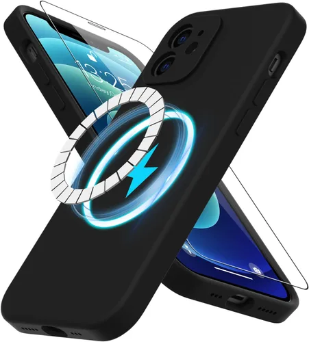 Vista 18 de DEENAKIN Funda magnética de silicona para iPhone 12 Pro con protector de pantalla, compatible con MagSafe, protección de cámara, funda protectora